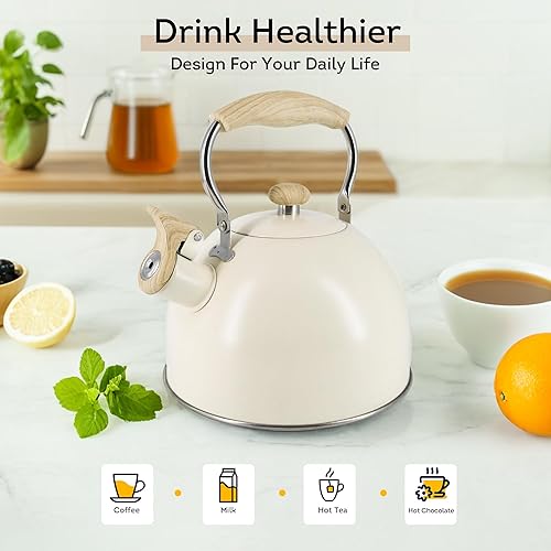 Miniatura 7 de Lily's Home Tetera silbante, tetera para estufa, agradable sonido de silbato, mango de plástico resistente al calor, acabado de madera sintética,