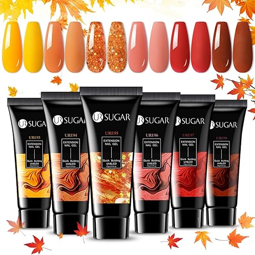 UR SUGAR Juego de uñas de gel de extensión de poliéster para otoño e invierno, 6 colores, arce calabaza, naranja quemado, amarillo, rojo, purpurina,