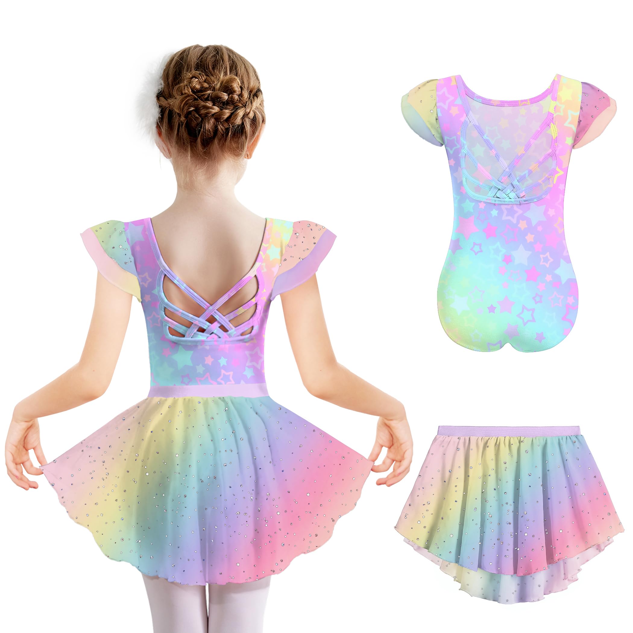 Arshiner Mädchen Ballettkleid Kurzarm Ballettkleidung Baumwolle Rückenfrei Balletttrikot Kinder Tanzkleid Sommer Glitzer Ballettanzug Zweiteilig Tanzbody mit Tütü 2-11 Jahre
