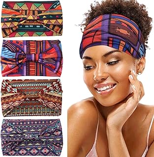 Wide Headbands Women Turban Knotted Headband Elastic Non Slip Hairbands African Head Bands Cotton Workout Head Wraps Bohemian Head Band Running Sports Hairband Yoga Head Scarfs Boho Hair Accessories for Women and Girls Pack of 4 (#3 Bohemian)