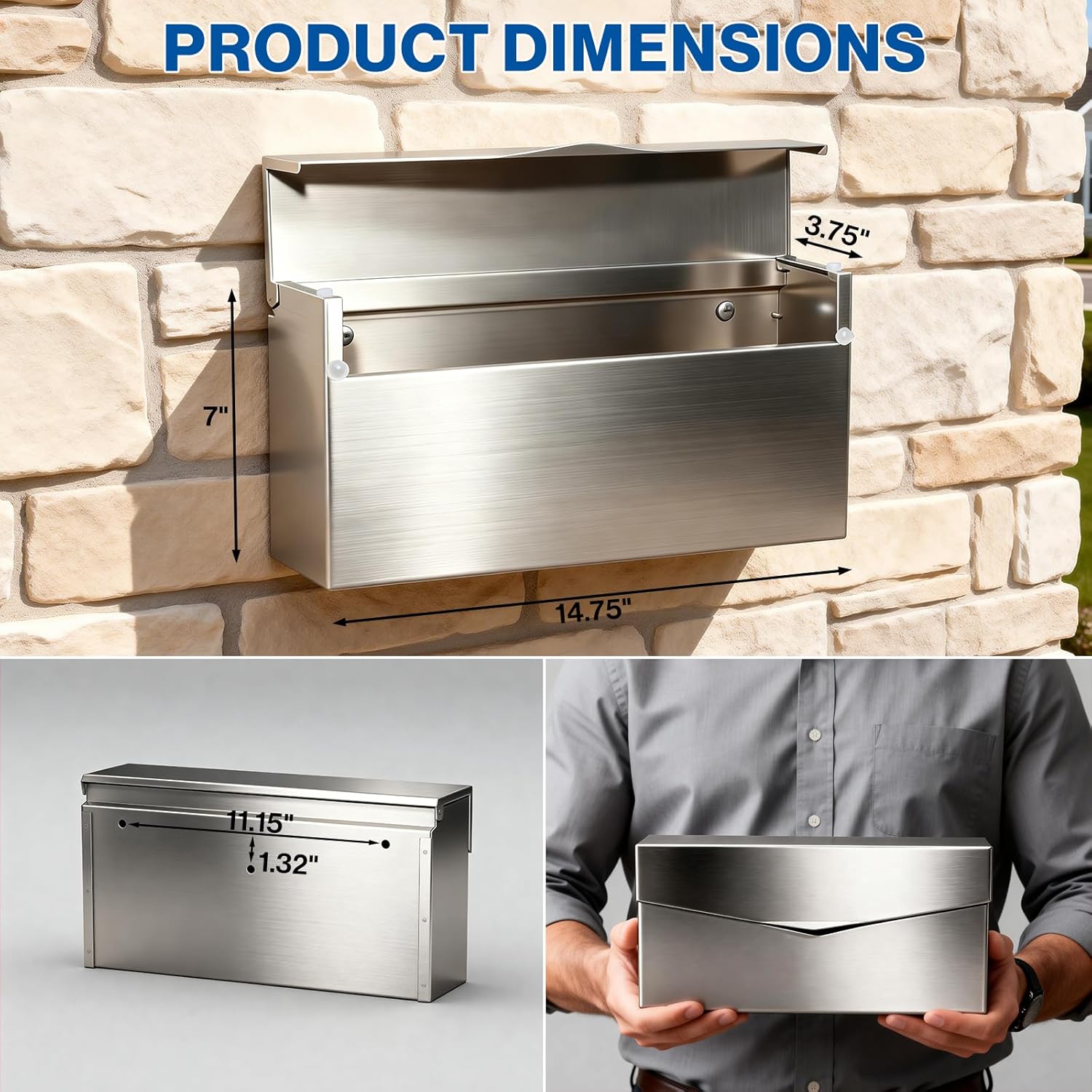 Pochar Rainproof Stainless Steel Mailbox for Walls, Heavy Duty Wall Mounted Mailbox - 14.75'' x 3.75'' x 7'' Rust Proof Steel Dropbox with Rainproof Design(Silver)