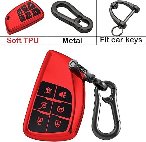 Miniatura 7 de Kirsnda Funda para llavero Chevrolet con llavero, funda de TPU suave, 6 botones para llave de automóvil Suburban Corvette Tahoe 2021 2022 (rojo)