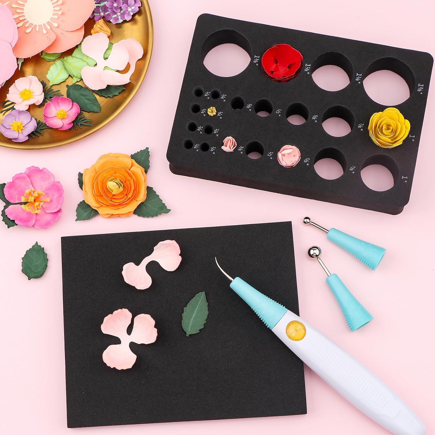 Briartw All-in-One Paper Sculpting Tool Kit - 6 Tips,3 Replacement Die Brush Tips,Foam Molding Mat, Flower Mold Tray,Reverse Grip Craft Tweezers for Realistic Flower Making & Die Cleaning - 13 pcs