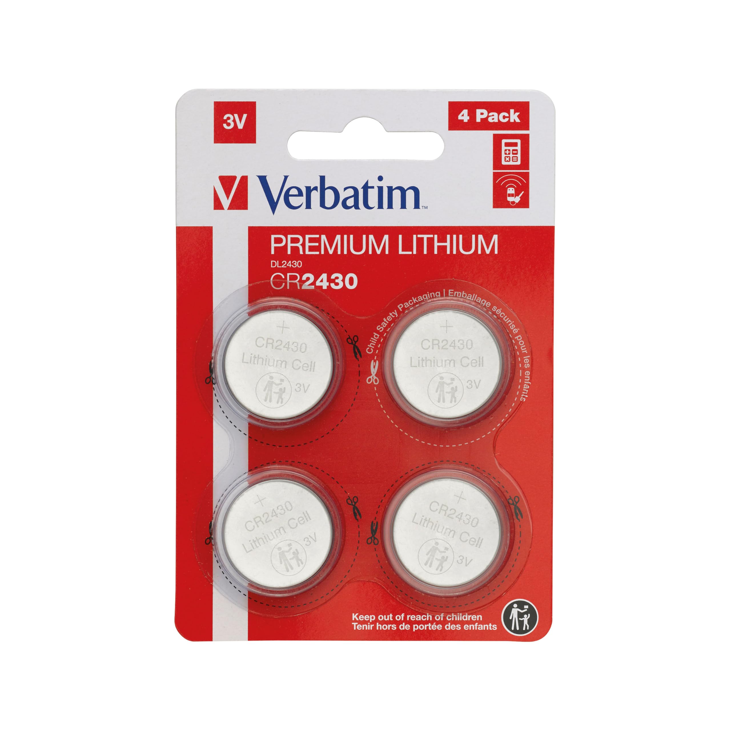Verbatim Premium Lithium Knopfzellen CR2430 4-er Pack 3V 290mAh, Lithium-Knopfzellen-Batterien für Uhr Autoschlüssel Fernbedienung Kamera Spielzeug & Co, Knopfbatterie Lithiumbatterie
