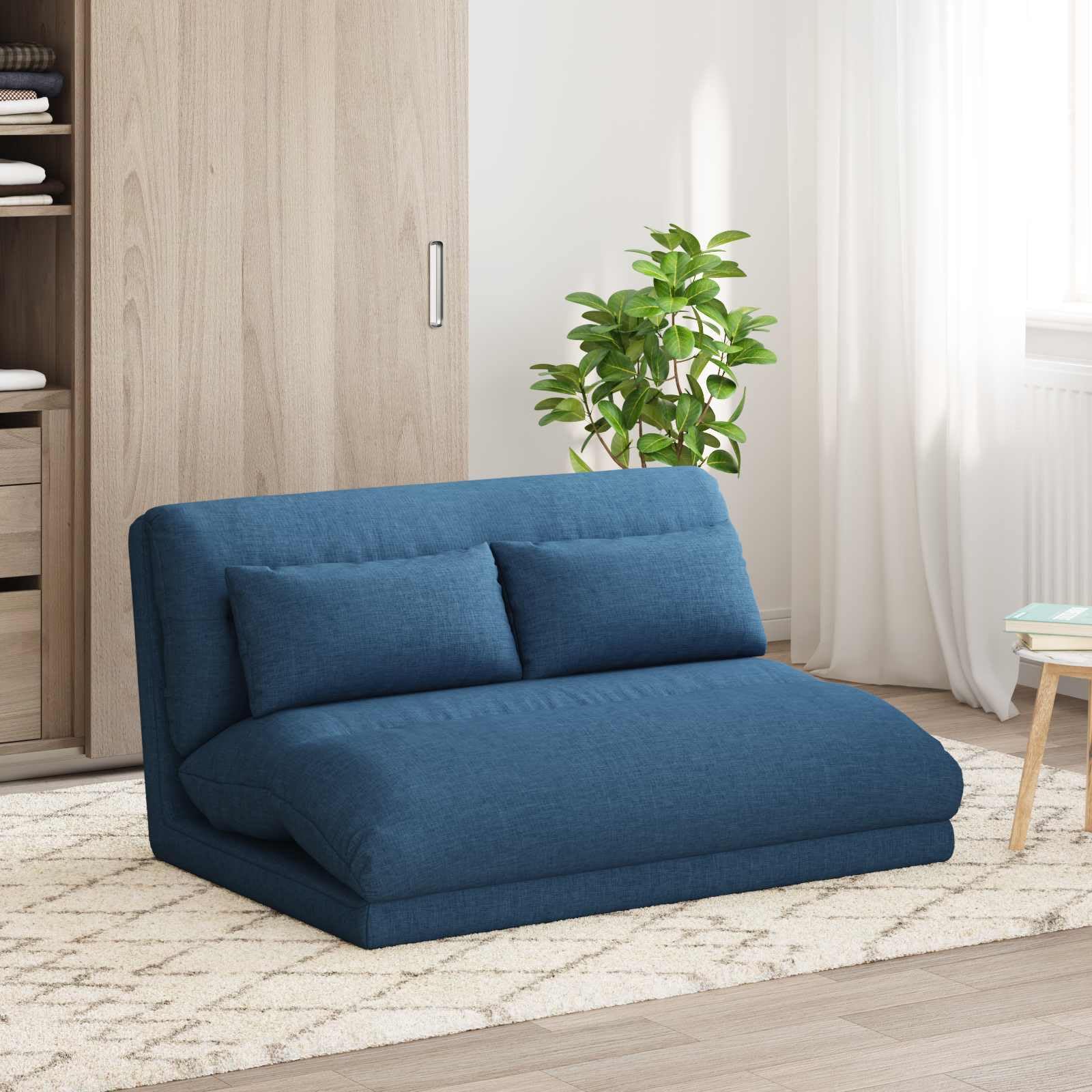 Krzesło podłogowe, niebieskie, z obiciem materiałowym, 110 x 82 x 55 cm, składane i regulowane, z wyściełanym oparciem, ergonomiczny fotel podłogowy, idealny do jogi, medytacji, gier, czytania i biura