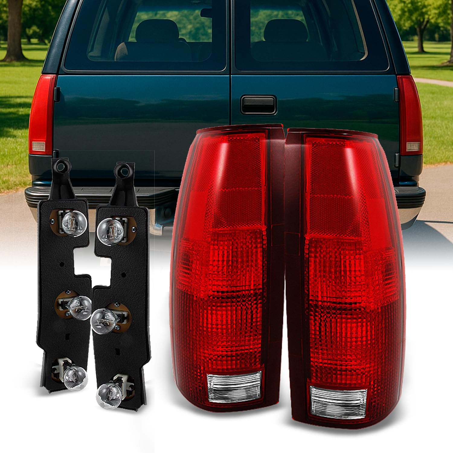 AKKON - For 1988-1998 Chevy GMC C/K C10 Series Suburban Pickup Truck Red Clear Taillights w/Connector Plate Completed Assemblies