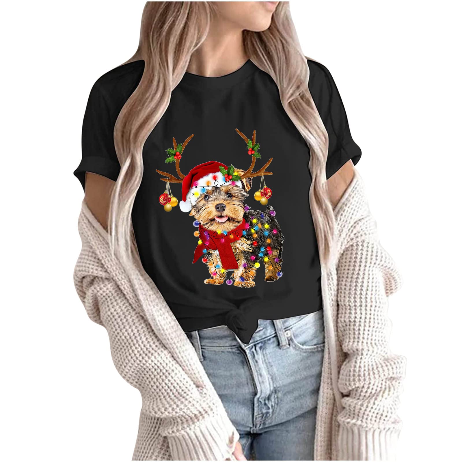 Maglietta da donna, maglione natalizio divertente, per animali domestici, con stampa natalizia, maglione a girocollo, a maniche corte, per autunno e inverno, basic, maglietta per Natale