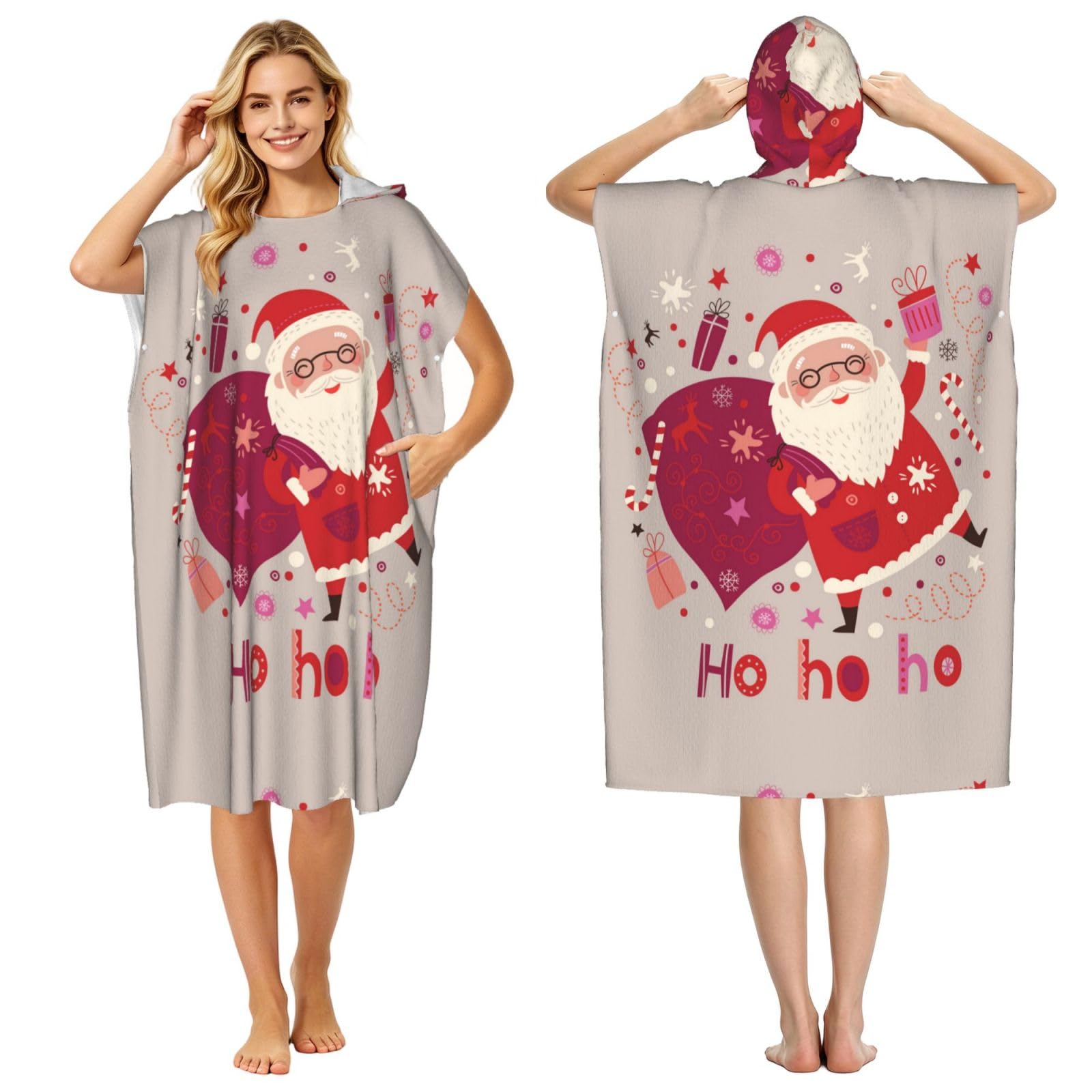 Poadnly Christmas Santa, Adult Hooded Beach Towel 90 x 110 cm,Changing Bath Robe, Surf Poncho Towel For Women Men