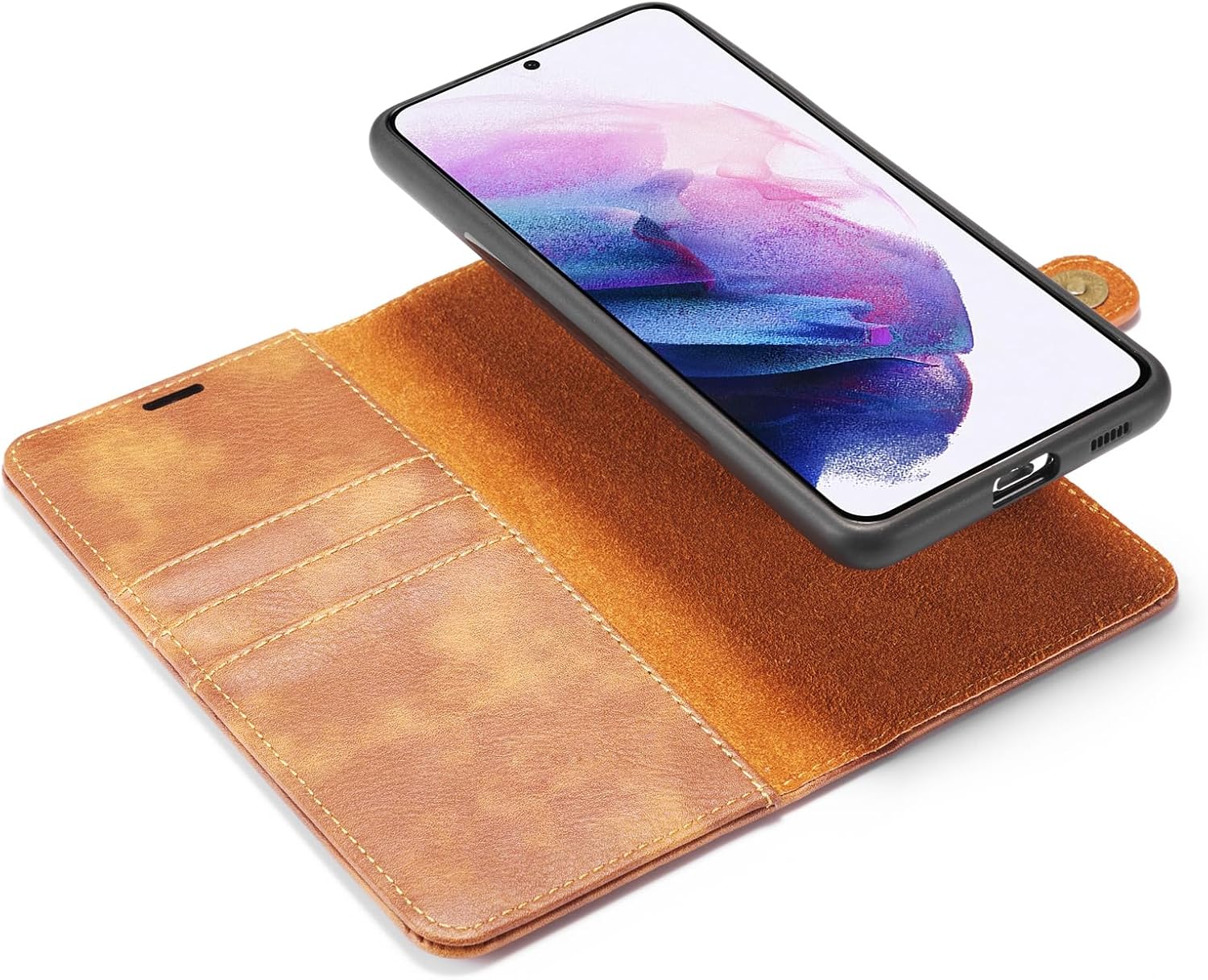 Asuwish Phone Case for Samsung Galaxy S21 5G 6.2 inch Wallet Magnetic Detachable Cell Cover with Tempered Glass Screen Protector Flip Card Holder Slot S 21 21S G5 Women Men Girls Purse Mobile Brown
