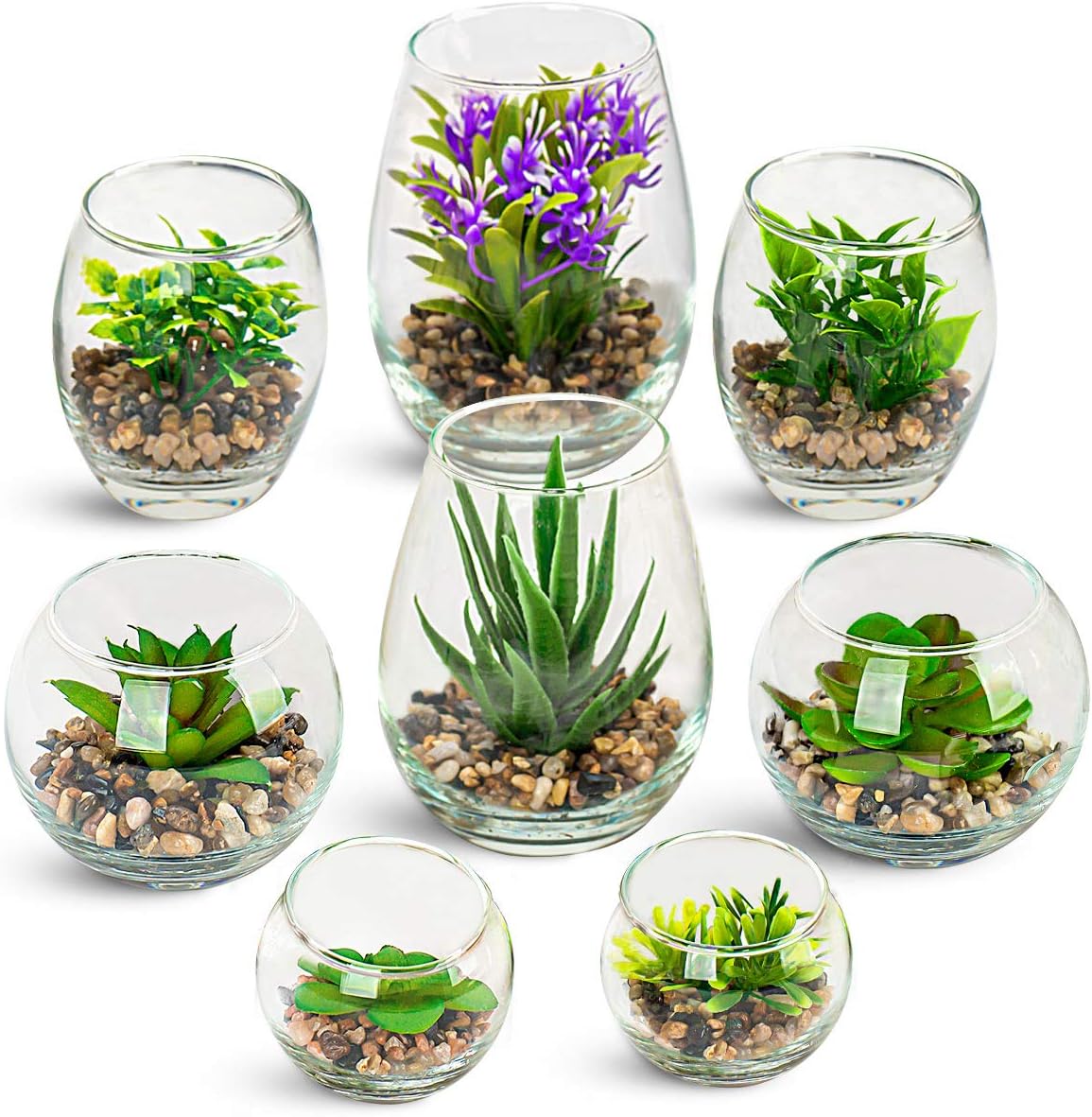 UMEIED Mini Artificial Succulent Plants in Clear Glass Pots, Set of 8 Fake Succulent Plants for Bathroom, Home, Office Decor, Tiny Plant Shelf Decorations