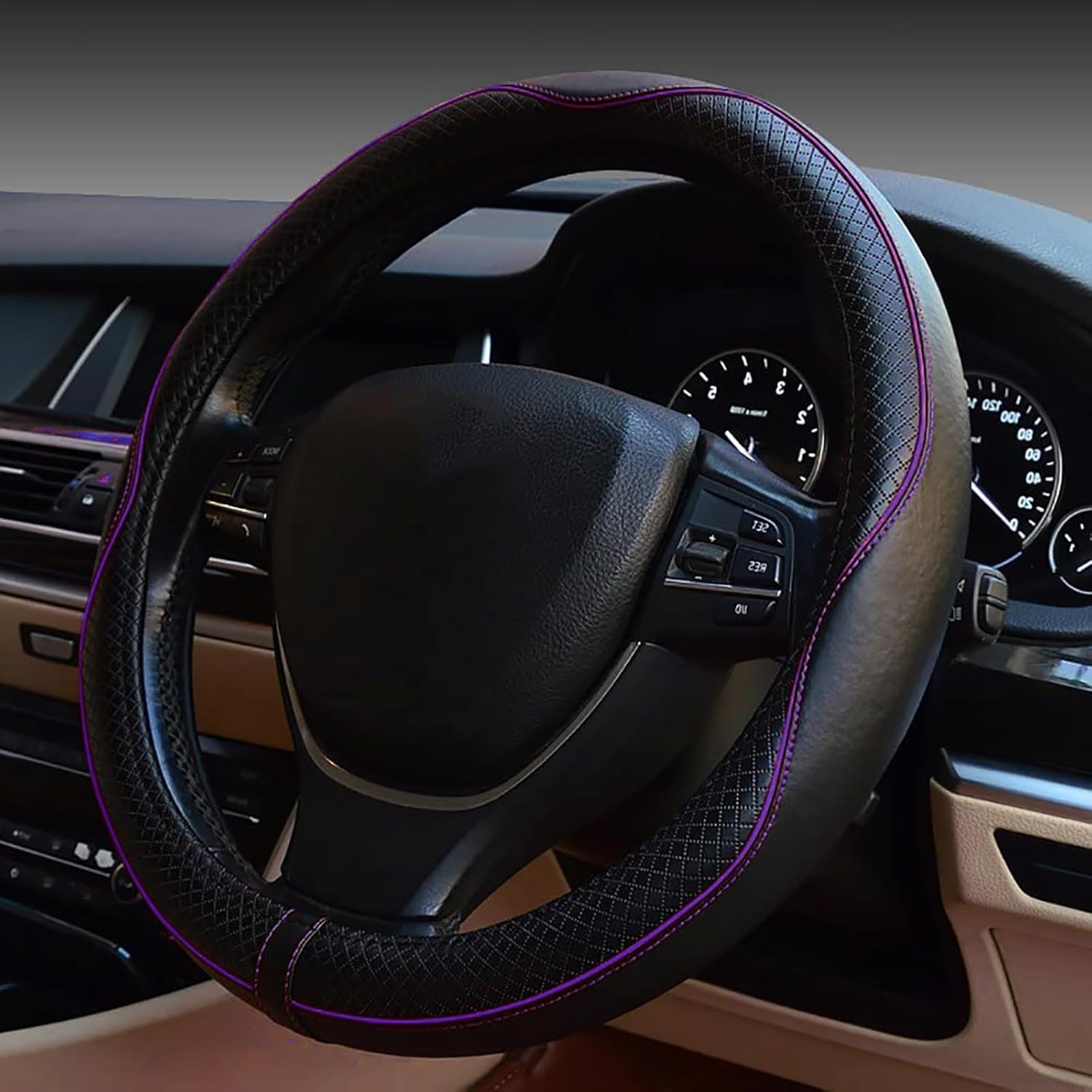 ESEWALAS Universal Car Steering Wheel Cover,Anti-Slip Leather Steering Wheel Cover,Sports Style Steering Wheel Protector,Car Interior Accessories Auto Steering Wheel Covers (Black with Purple)