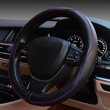 ESEWALAS Universal Car Steering Wheel Cover,Anti-Slip Leather Steering Wheel Cover,Sports Style Steering Wheel Protector,Car Interior Accessories Auto Steering Wheel Covers Black with Purple