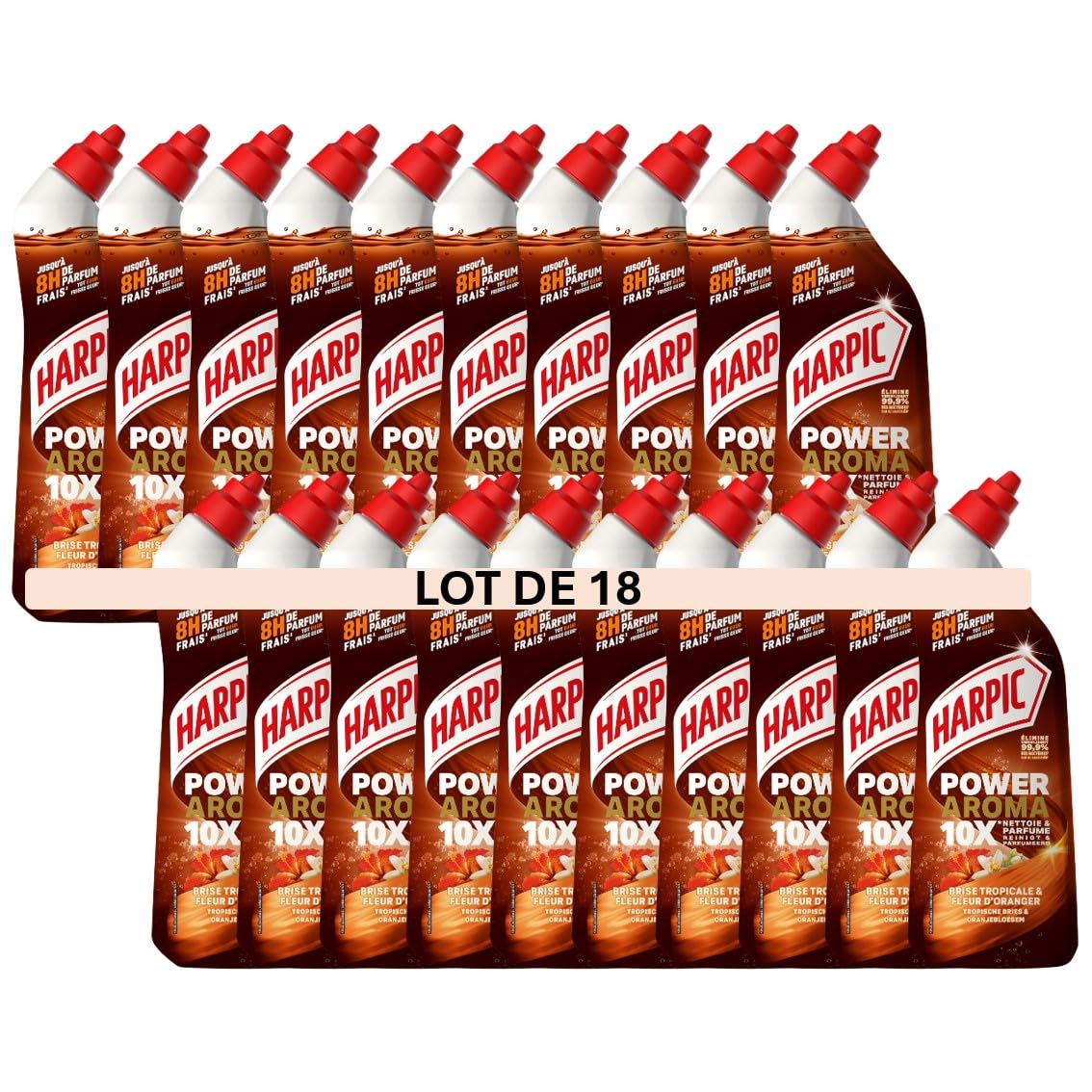 Harpic - Lot de 18 Gels WC Power Aroma - Nettoyant WC antibactérien brise tropicale & fleur d’oranger – 750 ml