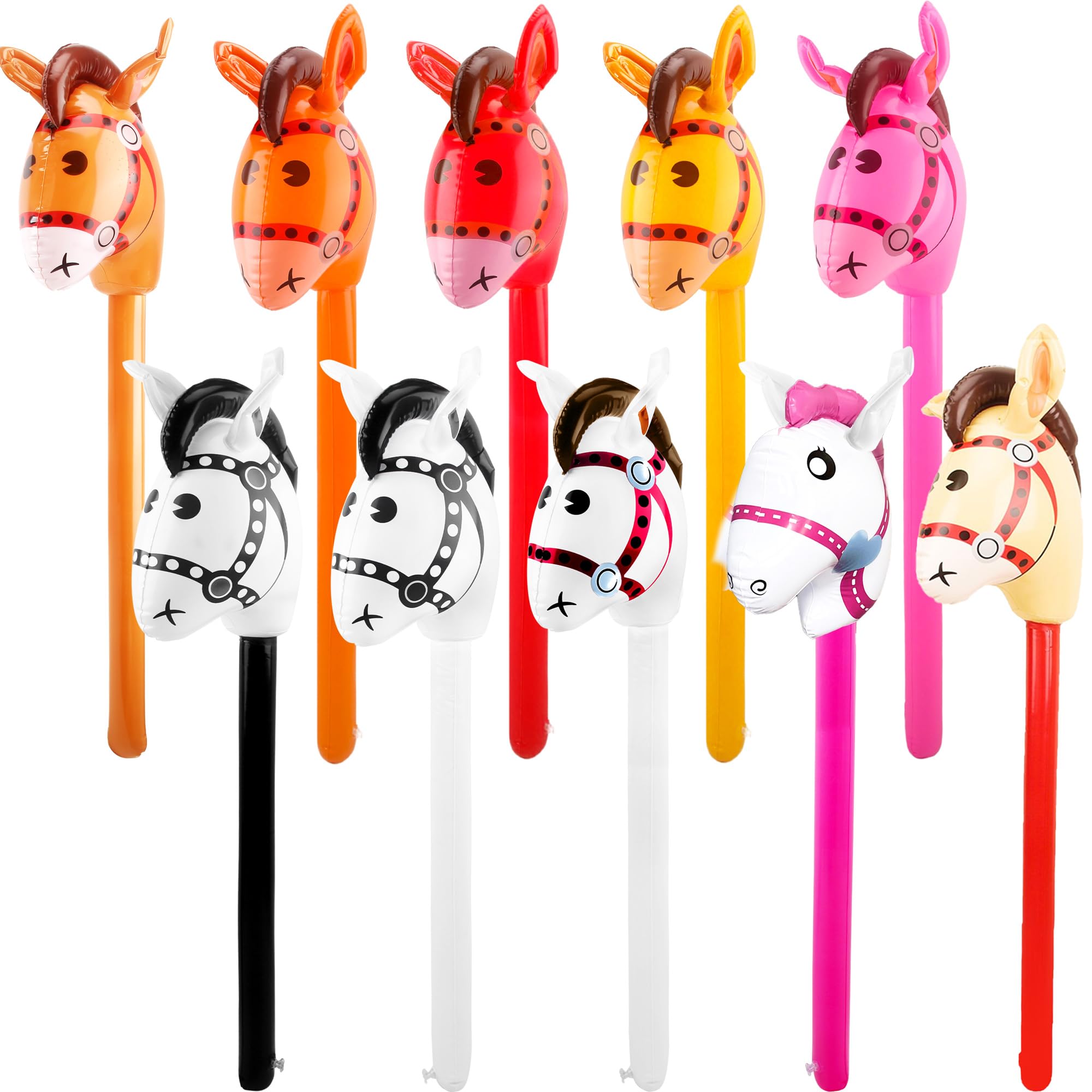 10 Pcs 40 Inch Inflatable Stick Horse Colorful Blow Up Horse Head Stick Pony Stick Balloon for Kids Adults Christmas Cowboy Cowgirl Horse Party Birthday Decor