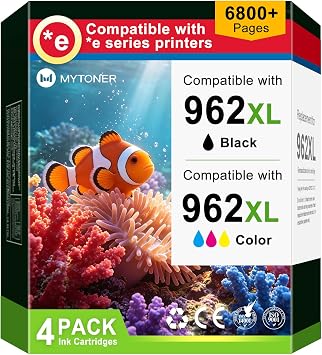 MYTONER 962XL High-Yield Ink Cartridges Combo Pack Replacement for HP | For HP 962XL 962 XL use with OfficeJet Pro 9015e 9025e 9018e 9010 9012 9015 Printer, 4-Pack Black, Cyan, Magenta, Yellow
