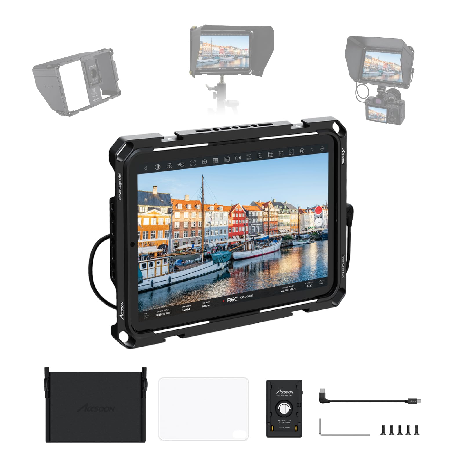 Accsoon PowerCage Mini Cage for iPad mini 6/Mini 7(A17 Pro) iPad Tripod Mount with NP-F Battery Plate Adapter& Sun Hood, Use with SeeMo Series