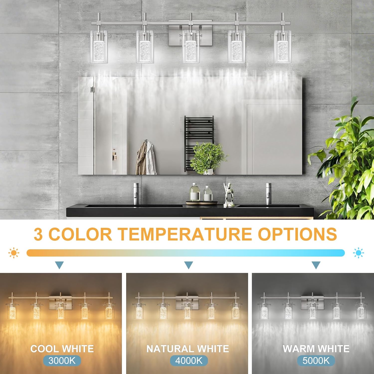 5-Light Brushed Nickel Vanity Light with 3 Color Modes (3000K/4000K/6000K),Dimmable Modern Wall Light Over Mirror,LED Bathroom Light Fixturewith Clear Glass Shade