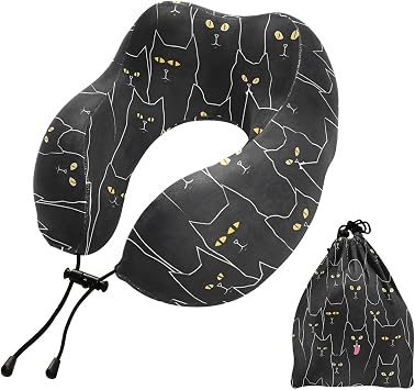 Travel Pillow for Neck Head, Black Cats Pattern Memory Foam Padding Sleeping Airplane Trains Cars Camping Office