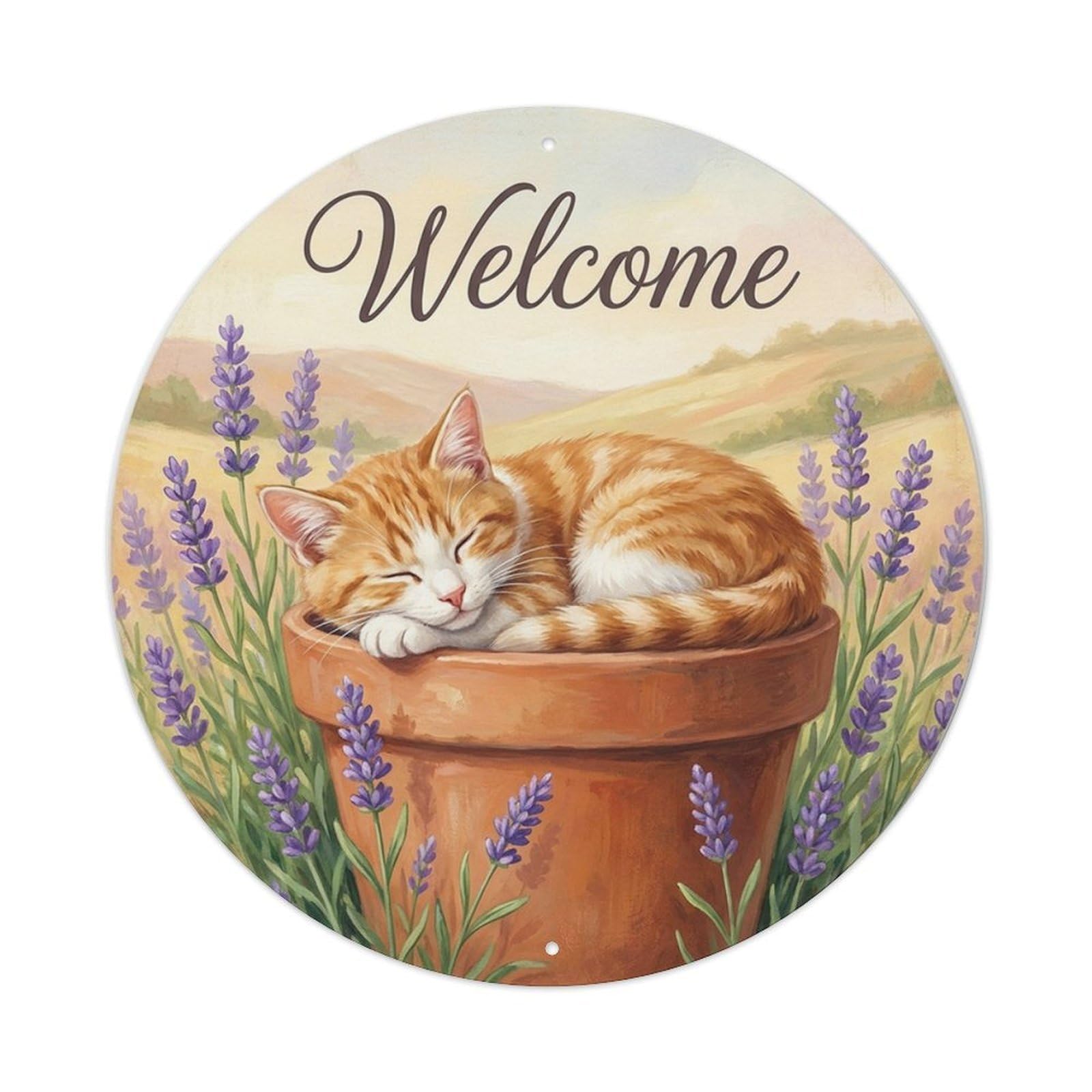 Welcome Cat Lavender Hill Metal Tin Sign