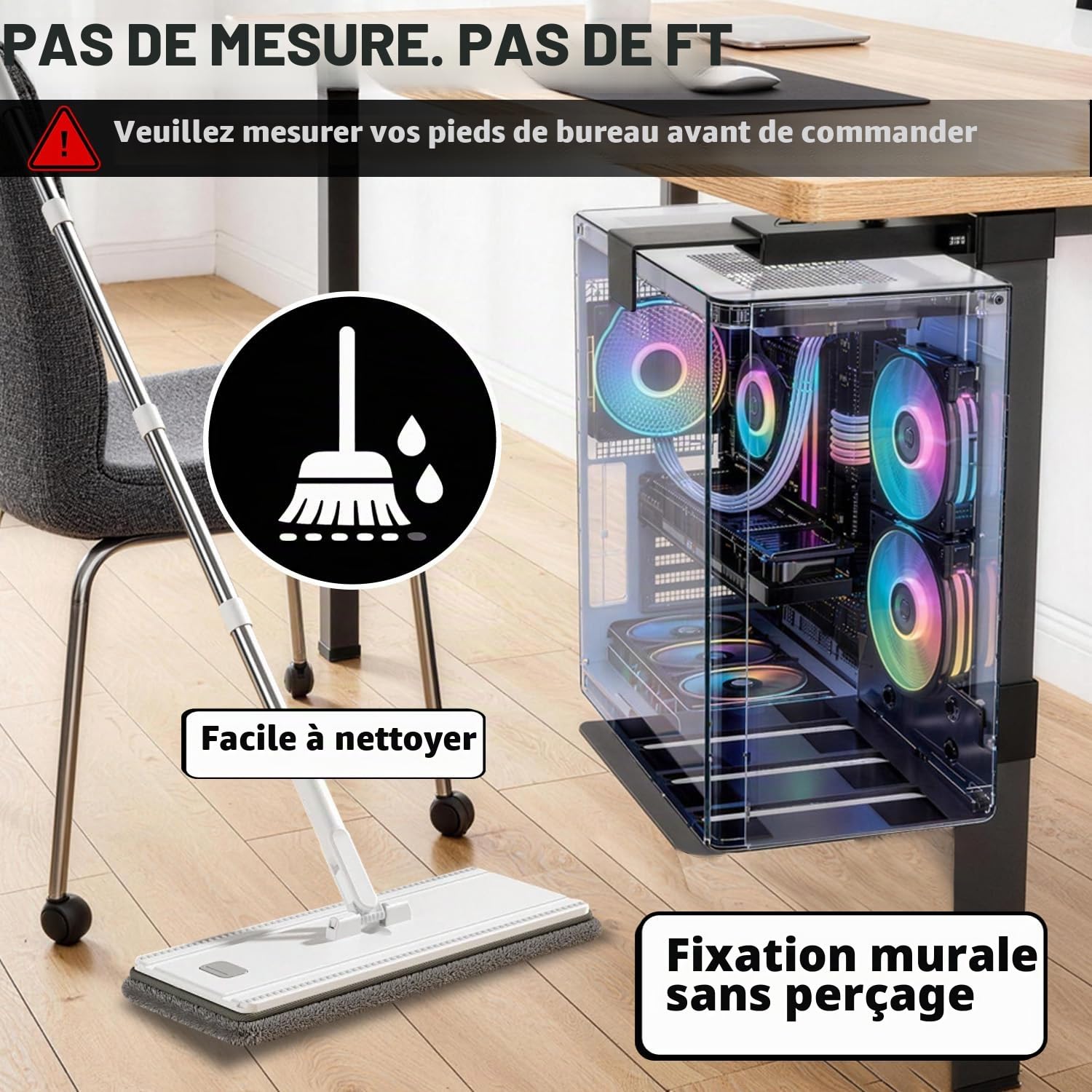 Support PC sous Bureau,Support pour PC Robuste de 20 Kg, Excellente Circulation de L’Air,pour Boîtier Ordinateur(Applicable Uniquement Aux Pieds de Table Mesurant 65 Mm X 45 Mm), Noir