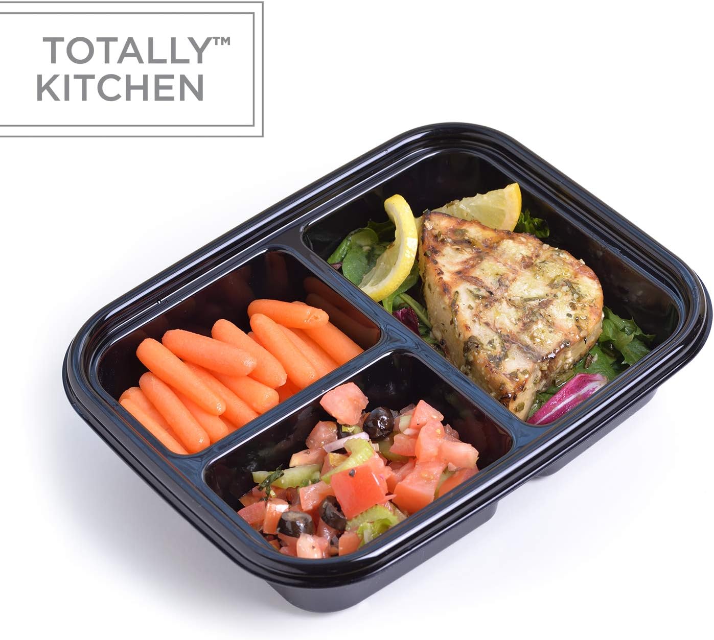 Totally Kitchen 3 Compartment Meal Prep Containers | Durable BPA Free Plastic | Reusable Food storage Container | Bento Box | Microwave & Dishwasher Safe | Black, Set of 20 (40 Pieces Total)