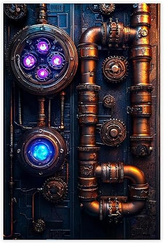 XAHOR Retro Futuristic Steampunk Wall Art  Cyberpunk Gears And Neon Lights Print  Unique Home Decor Canvas Poster Wall Art Bedroom Decor Office Room