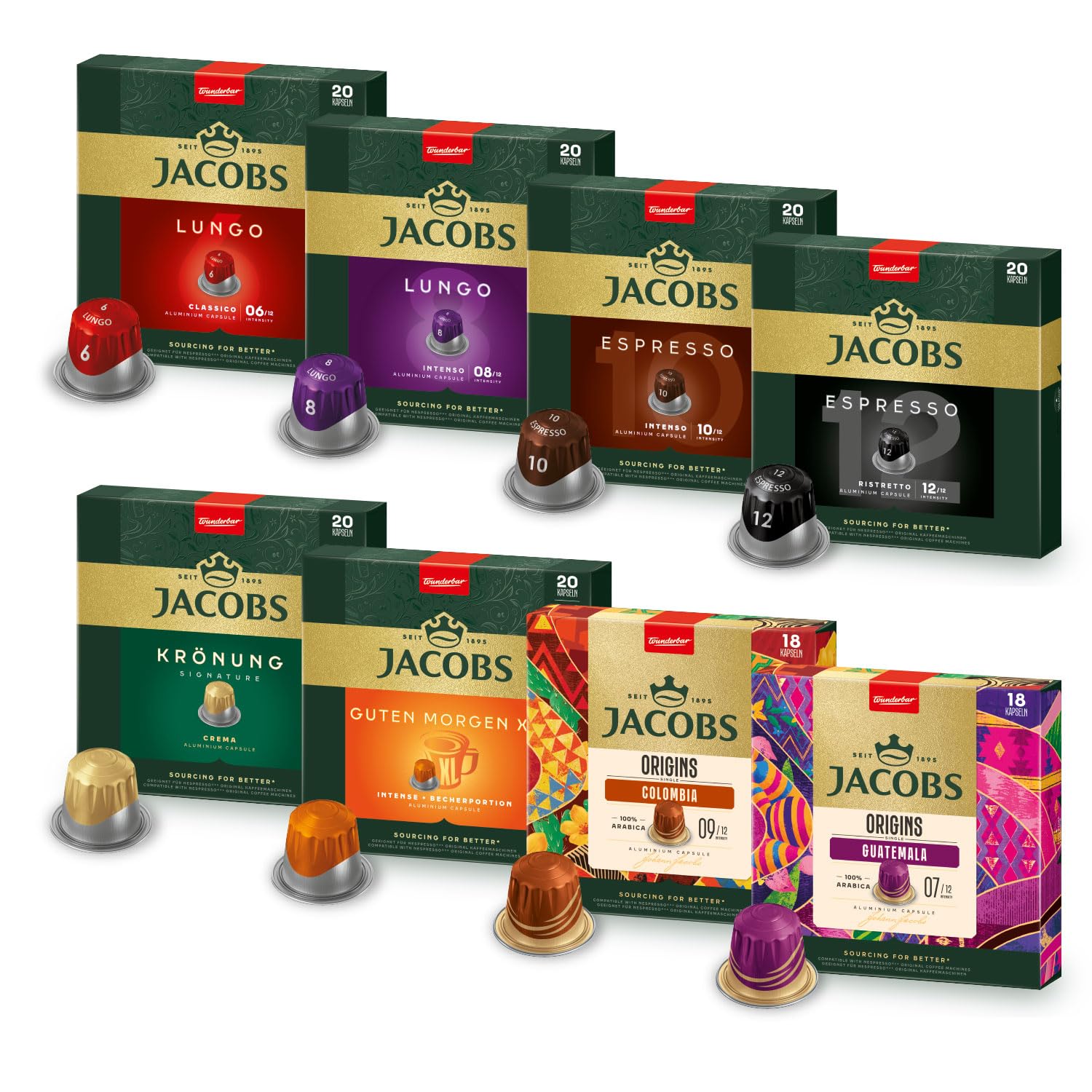 Jacobs Kaffeekapseln Vielfaltsbox, 8 Sorten, 6 x 20 + 2 x 18 Getränke, Nespresso* kompatible Kaffee Kapseln, 156 Kapseln