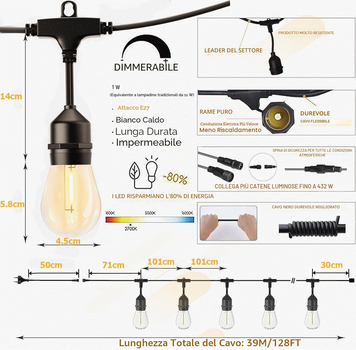 Esterno-Luci-Giardino-Catena 39m S14 Catena Luminosa Esterno LED E27 1W, IP65 Impermeabile Connettebile Luci da Esterno per Giardino, Balcone, Feste, Matrimoni 2700K Luce Calda