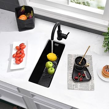 Quartz Kitchen Sink, 25x45cm/10x18in, Composite Inset/Undermount Kitchen Small Black Sink Waste Kit,Single Bowl Commercial with Overflow, Suitable for Workstation