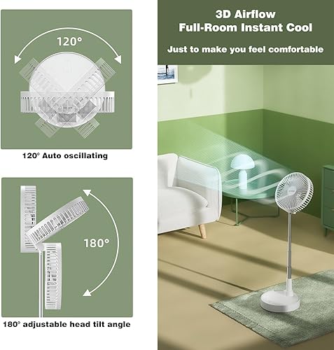 Miniatura 3 de Ventilador oscilante plegable recargable de 9 pulgadas, 7200 mAh, funciona con pilas, ventilador pequeño con control remoto, ventiladores de