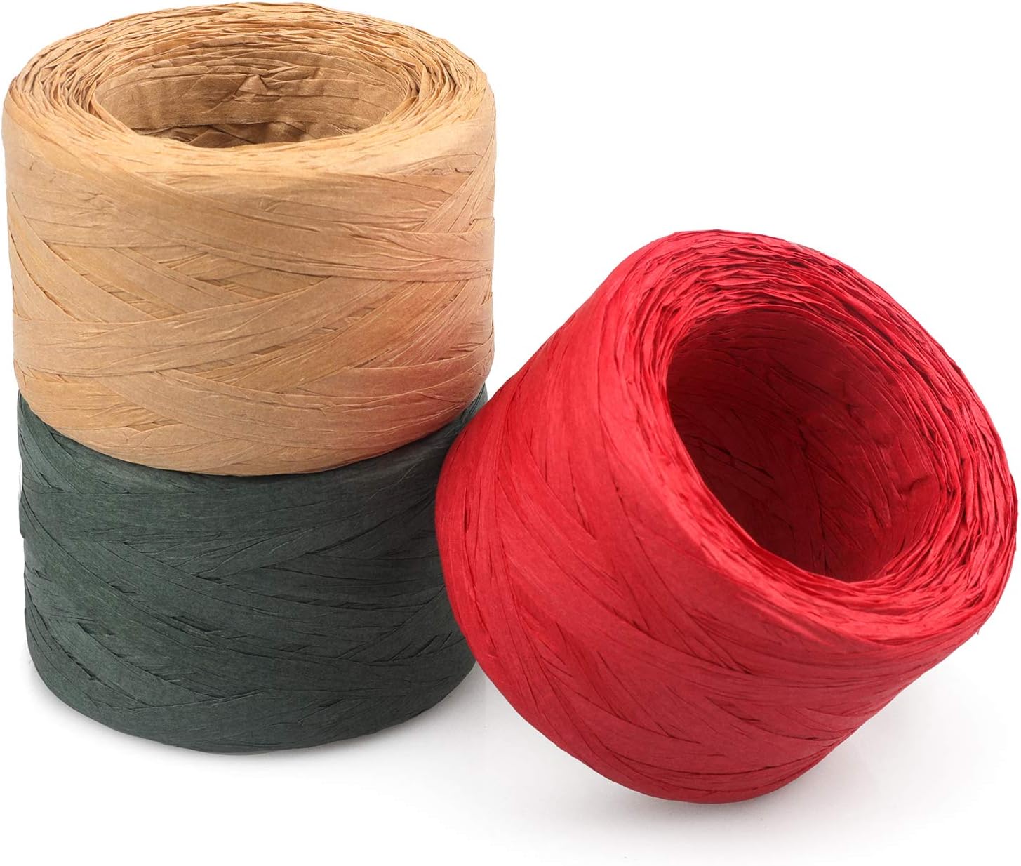 jijAcraft 656 Feet Christmas Raffia Ribbon, 1/4 Inch 3 Rolls Red Green Kraft Raffia String, 218 Feet Each Roll Raffia Ribbon for Christmas Gift Wrapping, Crafting, Crocheting, DIY Hand Knitting