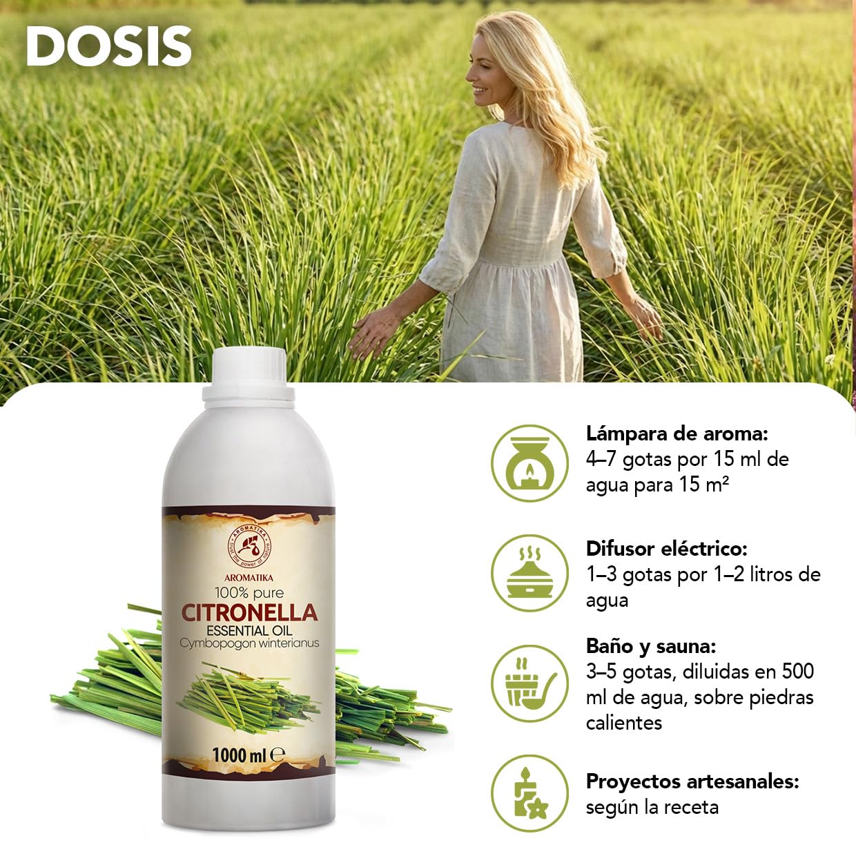Aceite Esencial de Citronela 1000 ml - Cymbopogon Winterianus - Natural y Puro - Aceites Esenciales para Difusores - Fragancias para el Hogar - Jabones y Velas - Sauna - Aroma fresco - Aromaterapia