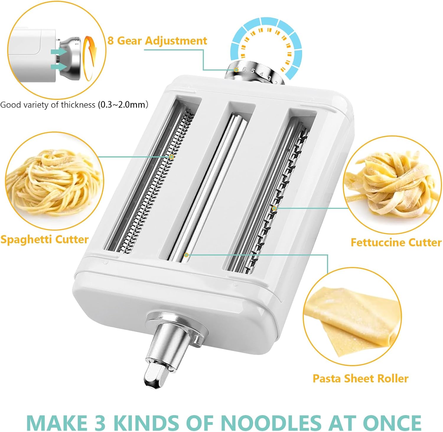 Pasta Maker Attachment 3 in 1 Set for KitchenAid Stand Mixers, 8 Adjustable Thickness Settings, Pasta Attachment Included Pasta Sheet Roller, Spaghetti Cutter and Fettuccine Cutter and Cleaning Brush