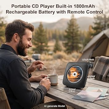 Gueray Portable CD Player Bluetooth 1800mah CD Player Suitable for Home CD Players with Dual Speakers, FM Radio, Remote, USB Headphone Port AUX-Black