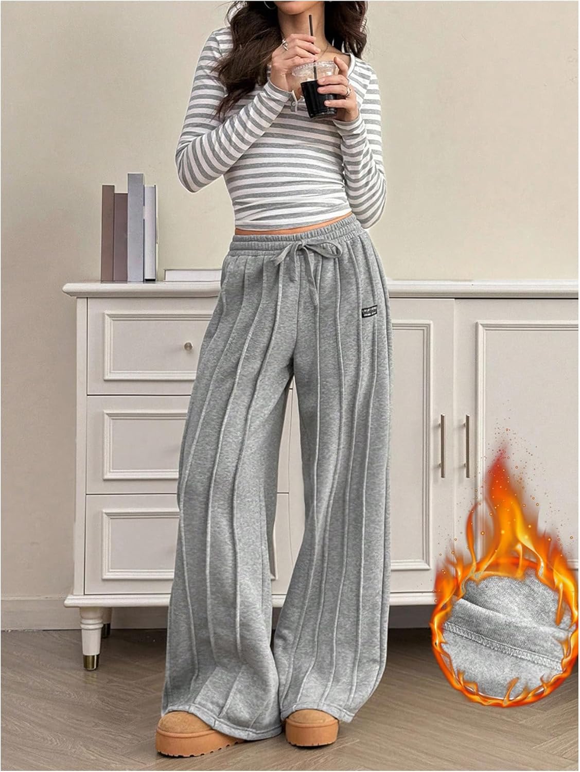 SHENHE Women's Fleece Wide Leg Baggy Sweatpants Drawstring Loose Casual Lounge Travel Pants - Image 5