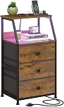 GiftGo Nightstand with Charging Station Led Light and 3 Fabric Drawers Bedside Sofa Side End Table for Bedroom Living Room (Rustic Brown, 3 Drawers)