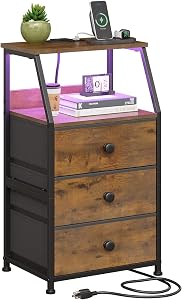 GiftGo Nightstand with Charging Station Led Light and 3 Fabric Drawers Bedside Sofa Side End Table for Bedroom Living Room (Rustic Brown, 3 Drawers)
