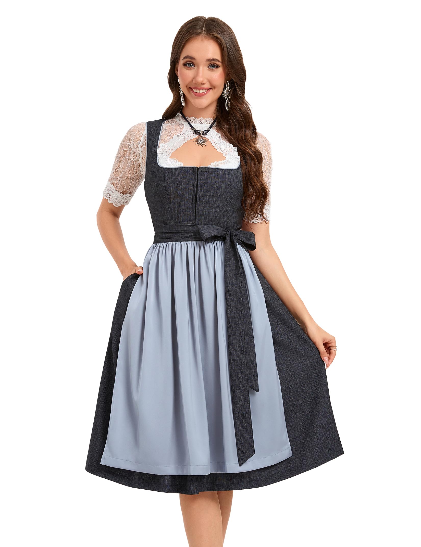 YesFashion Dirndl Damen Set 3tlg. Exklusives Trachtenkleid Jacquard, Schürze und Spitzenbluse Midi Dirndl für Oktoberfest
