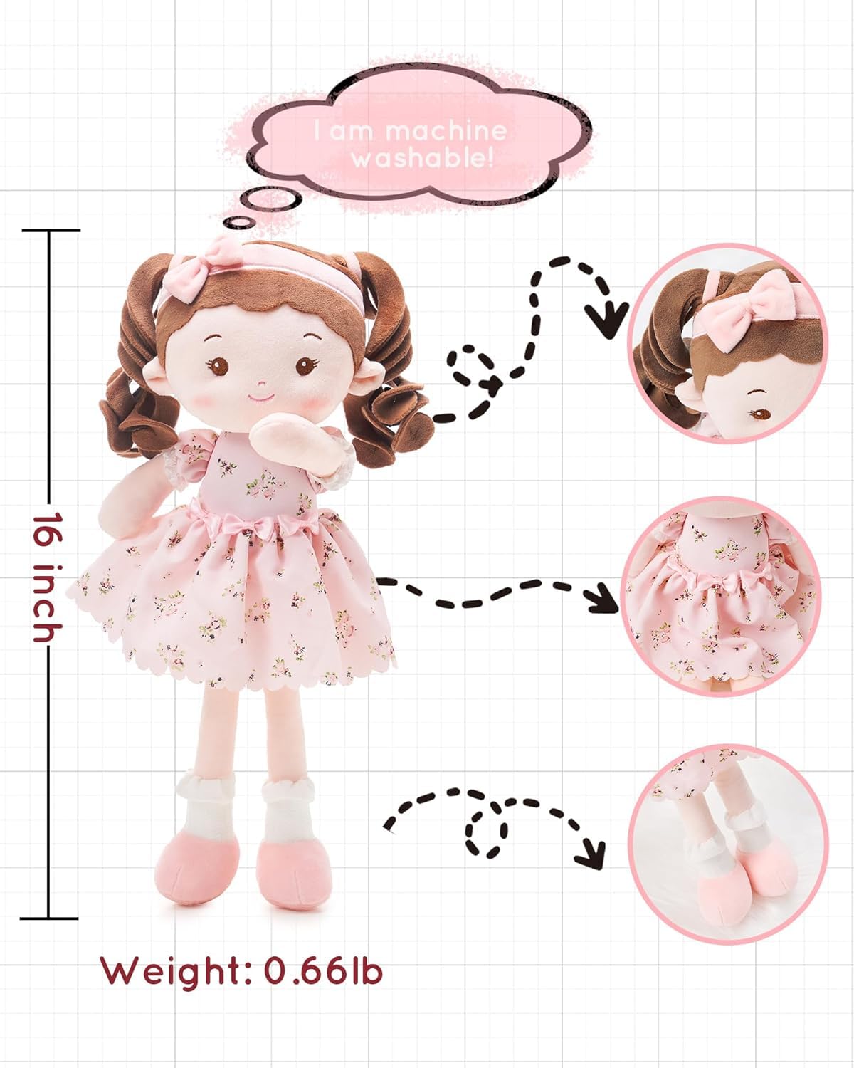 LeyaDoll Personalized Soft Baby Doll Toys (16''), My First Baby Rag Doll for 1 Year-Old Girl Birthday Gift, Christmas Plush Toys Gift for Toddler Kids Infants-Princess-Breeze-Brown