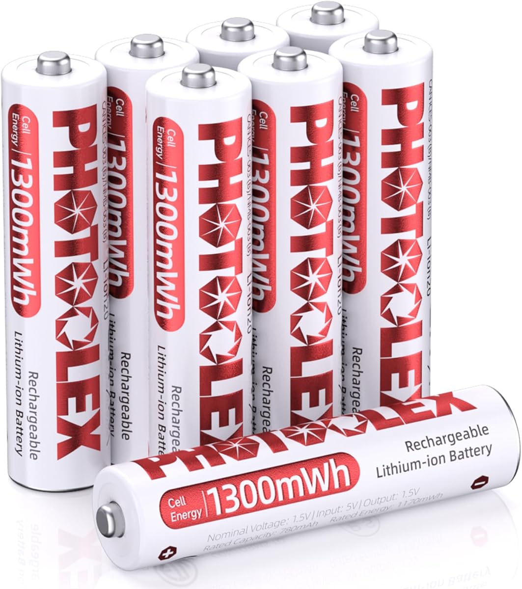 PHOTOOLEX AAA Rechargeable Batteries 1300mWh, 8 Count Lithium AAA Batteries, 1.5V High Power Output Triple a Lithium Battery 1600+ Cycles Long Lasting (No Charger)