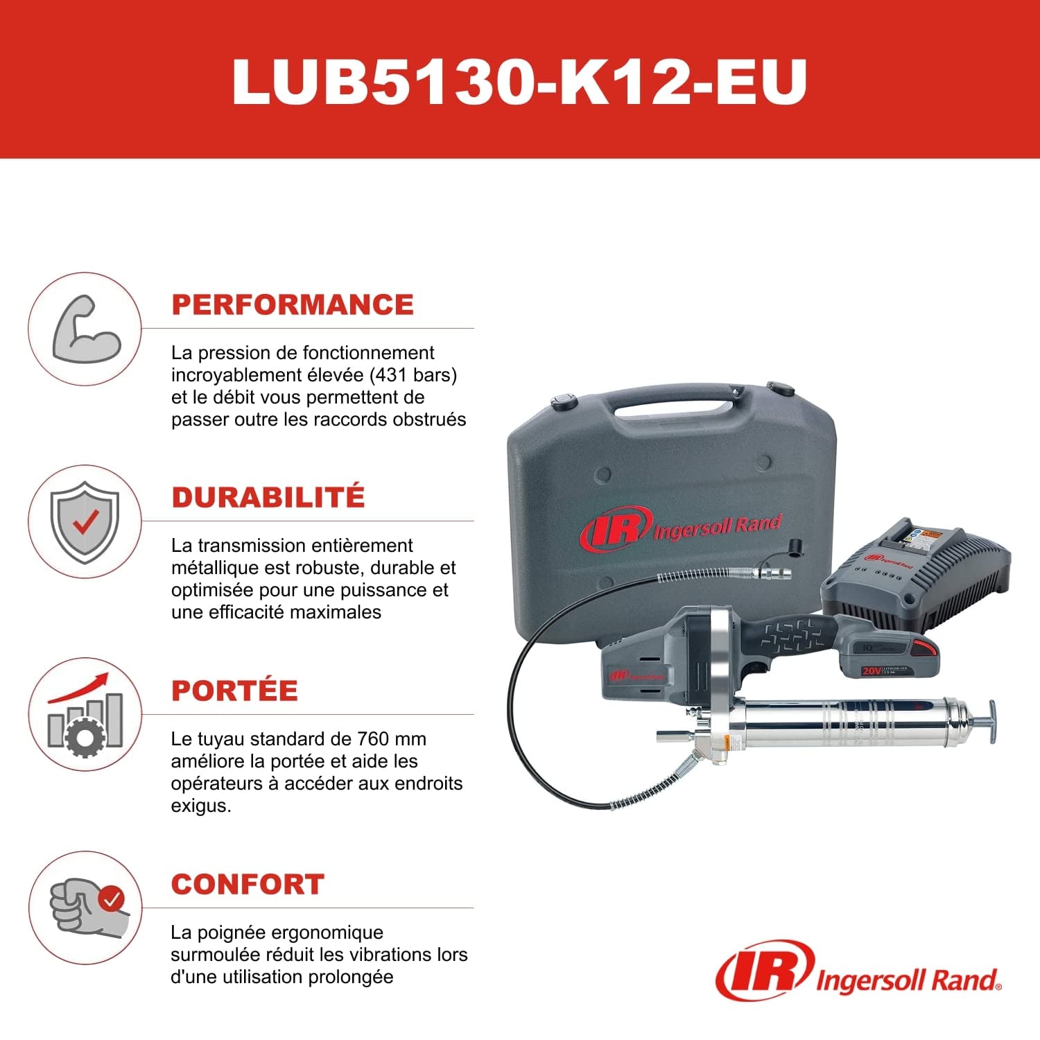 Ingersoll Rand LUB5130-K12-EU Pompe à Graisse Sans Fil 431 Bar 75g/mn 3 Modes Capacité 400g LED