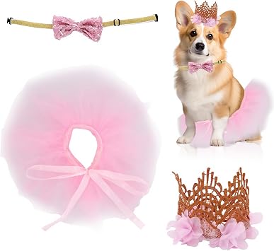 Dog Ballet Tutu for Dogs Small Dogs Ballet Tutu for Halloween Puppy Cat Rabbit Pets with Crown and Bow Tie Pink
