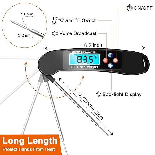 Miniatura 4 de Awaiymi Termómetro digital parlante para ciegos, termómetro impermeable de lectura instantánea para alimentos con función de conversación y luz de