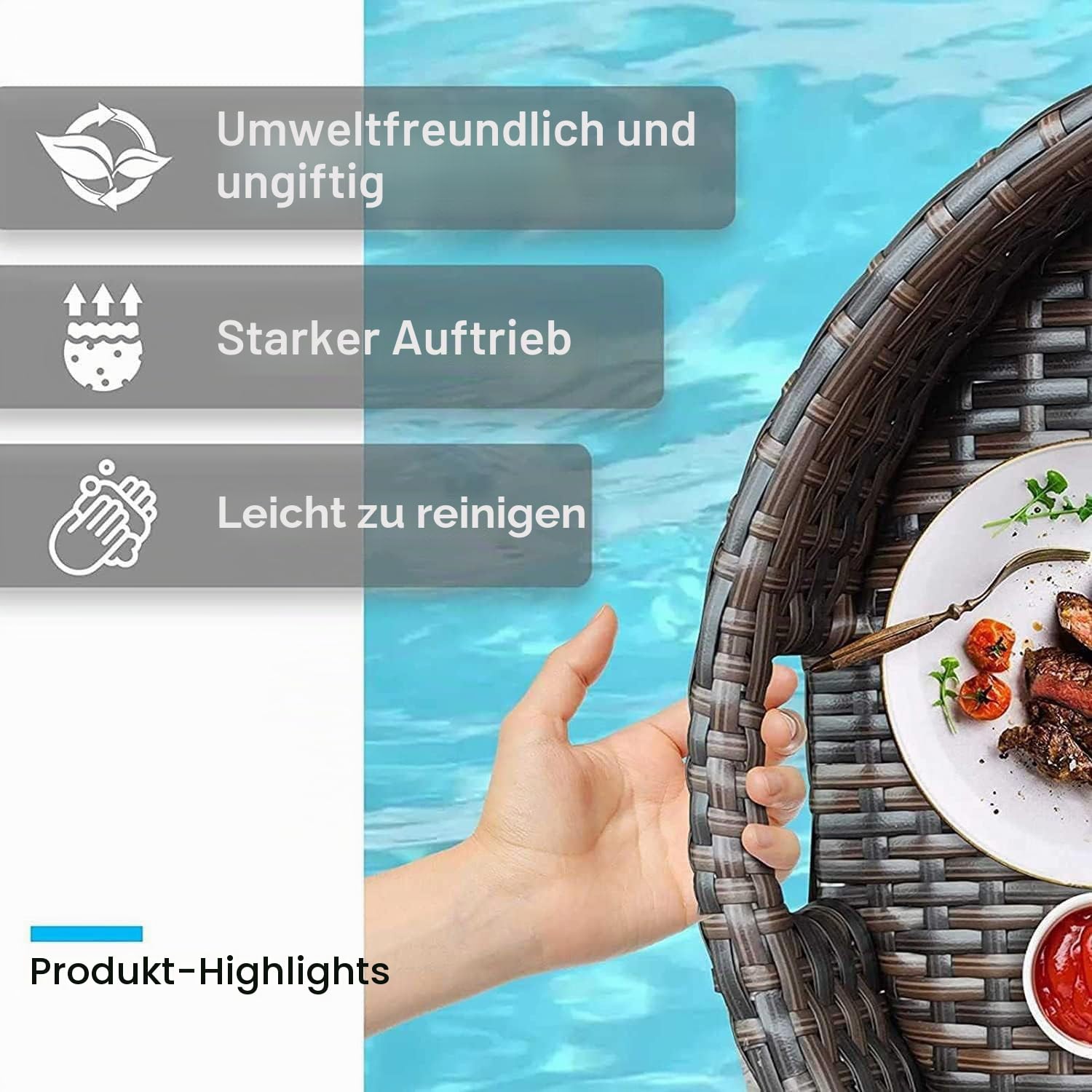 Schwimmendes Tablett Deluxe Schwimmendes Tablett Für Den Pool - Schwimmendes Pooltablett - Stilvolles Frühstückstablett Auf Dem Wasser - Schwimmende Bar Für Den Pool,Schwarz-60Cm