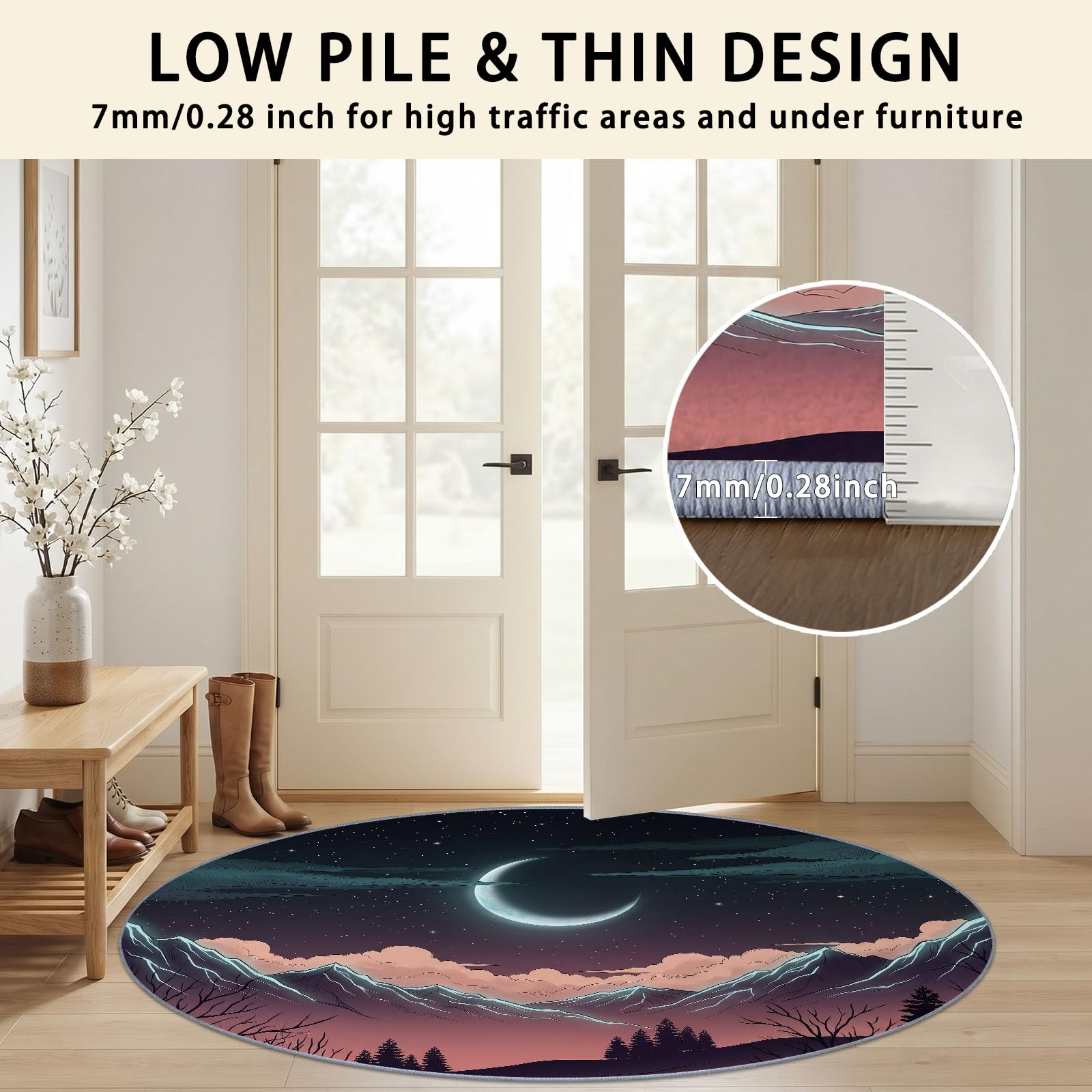 Tapis Rond 100 cm, Lavable en Machine Noir Moquette pour Salon - Moquette Poil Bas antidérapant - Fantaisie Ciel Étoilé Montagnes Lune imprimé Tapis pour Salle à Manger Chambre d’Enfant