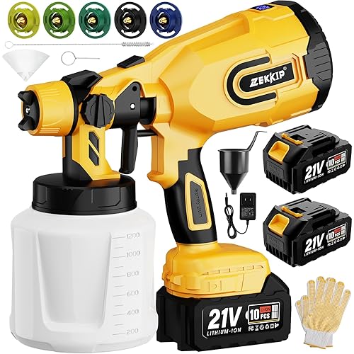 Cordless Paint Sprayer Gun with Battery with 2 of 4000mAh, Battery Display, 5 Copper Nozzles 1200ML Containers Airless HVLP Paint Sprayer for House Painting Furniture Cabinets Fence Wall.