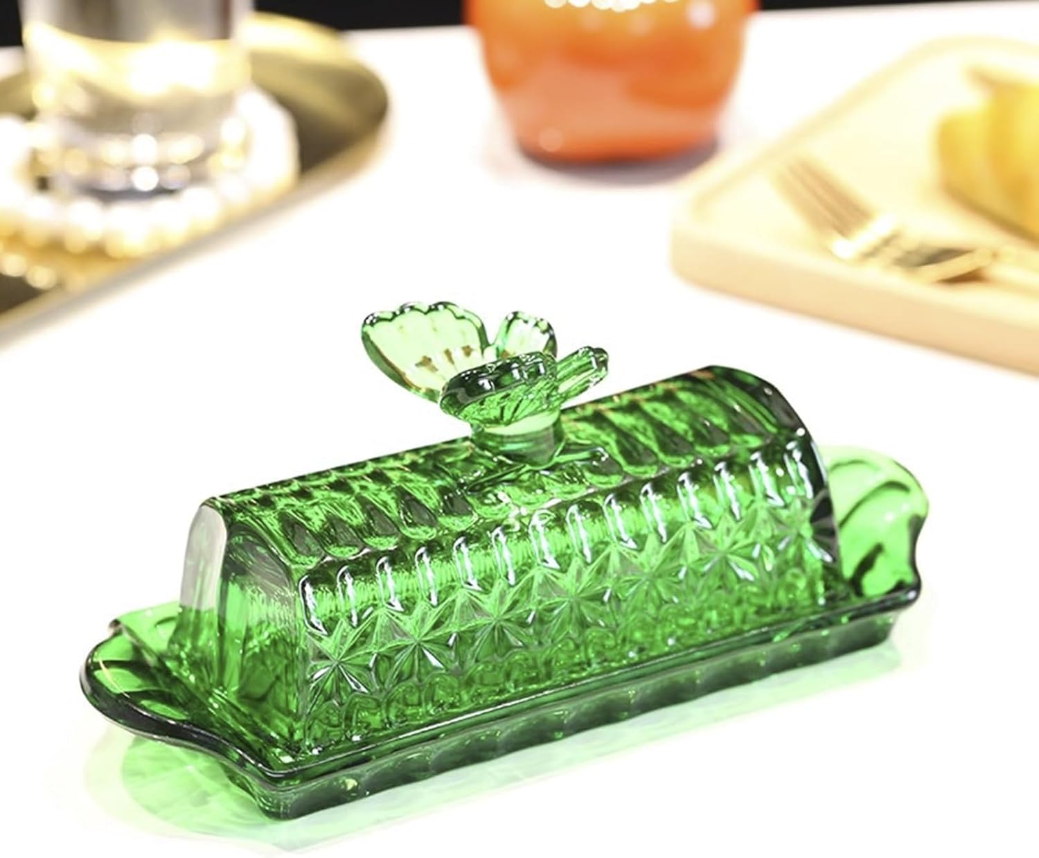 Butter Dish Glass Butter Dish with Lid and Easy Grip Handle for Bar Countertop Fridge Restaurant Household(Green)