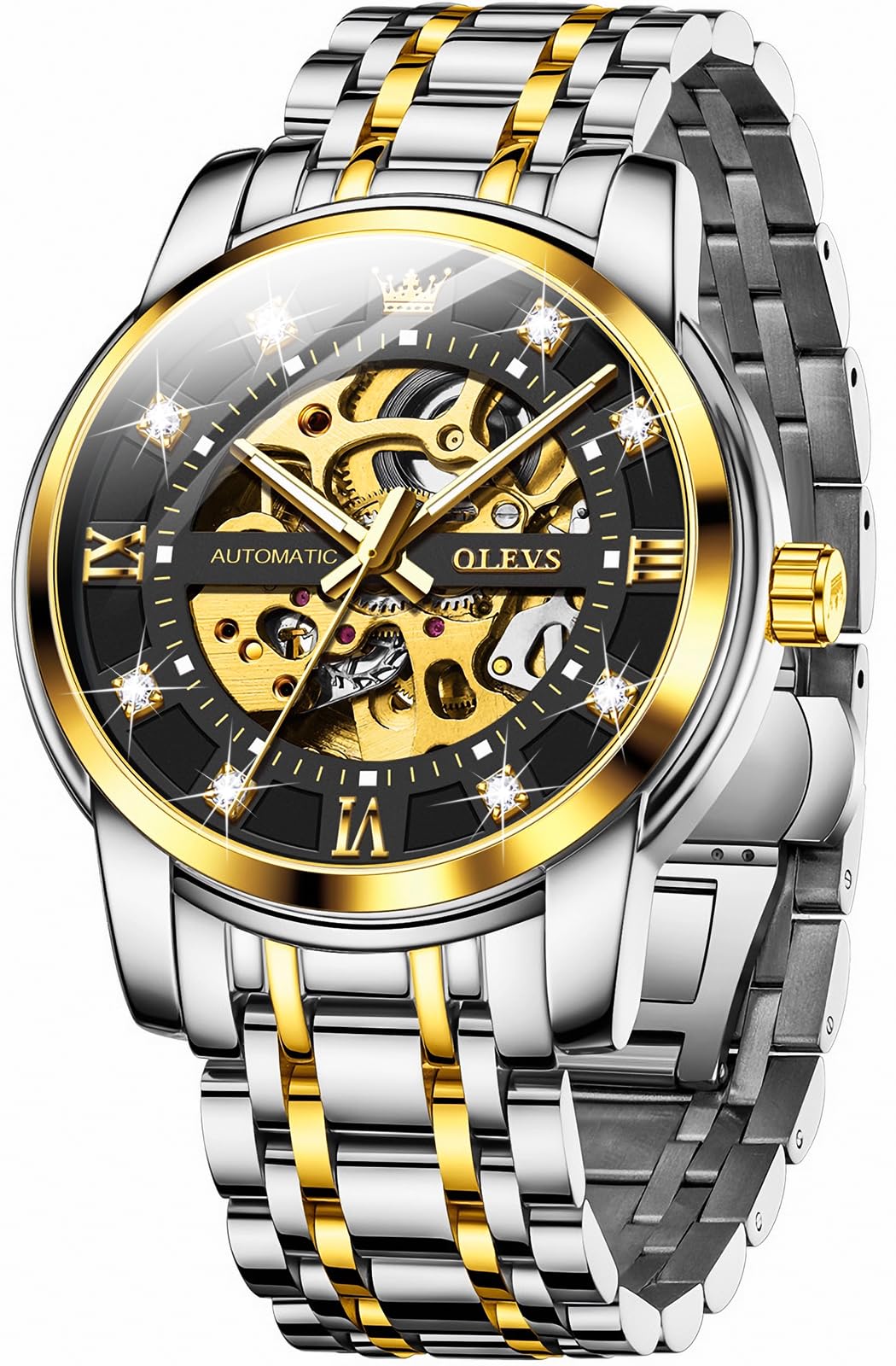 OLEVS Mens Automatic Watch Skeleton Diamond Luxury Mechanical Self Winding Dress Wrist Watch Waterproof Luminous