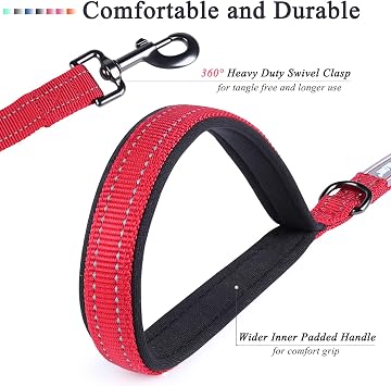 VIVAGLORY Traffic Handle Dog Leash, Soft Two Padded Handles, Strong Reflective & Metal Hook Training Lead for Medium Large Dogs, Red