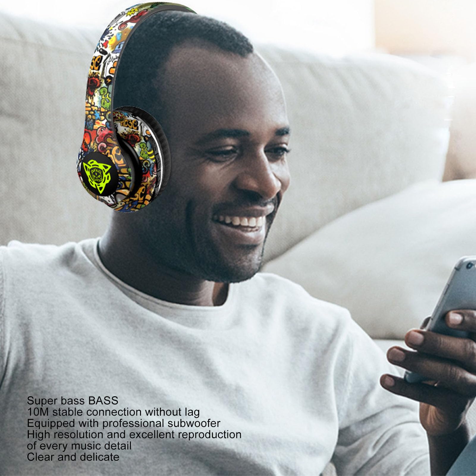 Over-Ear-Kopfhörer, Kabelloses, Faltbares, Leichtes Headset, Innovativer Graffiti-Design-Kopfhörer mit Geräuschunterdrückung, Tiefer Bass für Trave,